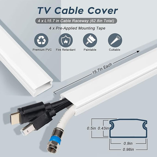 YCLYC Cable Cover, 62.8in Paintable Cord Cover Kit, Hide Cords for TV, Cord Concealer Cable Channel 4xL15.7in W0.98in H0.5in