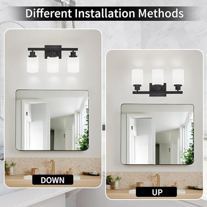 DIKAIDA 3-Light Bathroom Light Fixtures Over Mirror, Modern Matte Black Vanity Lights with White Frosted Glass Shade, Bathroom Wall Lamp Sconces for Mirror Bedroom, Living Room Hallway