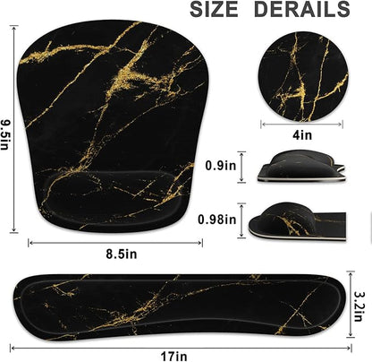 Keyboard Wrist Rest Memory Foam Ergonomic Mouse Pad with Computer Wrist Support Set with Non-Slip Rubber Base Coaster for Home, Office Easy Typing and Pain Relief - Black Marble