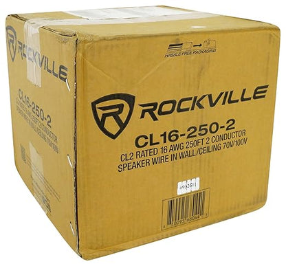 Rockville CL16-250-2 16 AWG 250ft Speaker Wire, CL2 Rated, 100% OFC Copper, 70V/100V/8 Ohm, In-Wall/Ceiling, Color-Coded Conductors, High Temp Resistance, for Home Theater and Commercial Audio