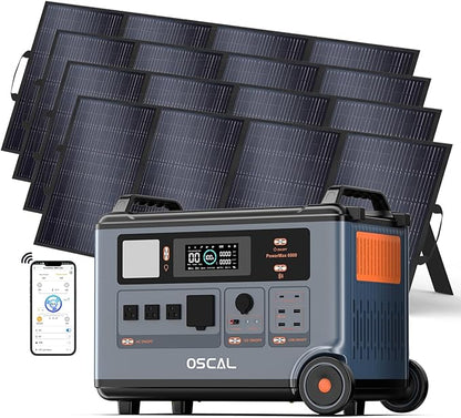 OSCAL PowerMax 6000 Solar Generator with 4x400W Solar Panel, 120V/240V Portable Power Station 6000W AC Outlets (9000W Peak), 2200W AC Charging/2400W PV Charging for Home, Emergency