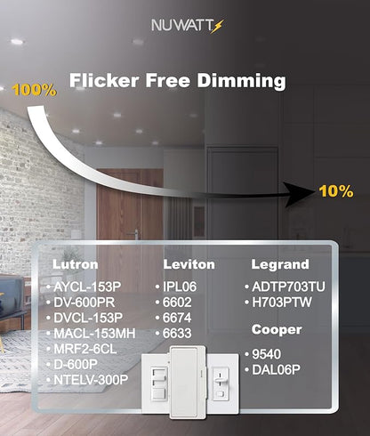 NUWATT 6 Pack, 4 Inch Ultra-Thin LED Recessed Lighting Black, 5CCT 2700K/3000K/3500K/4000K/5000K Selectable, 630LM, 9W, IC Rated, Dimmable Canless Wafer Light, Damp Rated Pot Lights with Metal J-Box