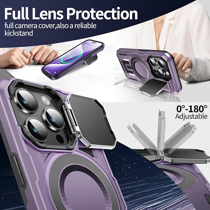 Camera Stand Case for iPhone 15 Pro Max, [Compatible with Mag Safe] [Lens Cover] 2024 Version Military Grade Protective Soft Case for iPhone 15 Pro Max 6.7 inch Men Women, Purple