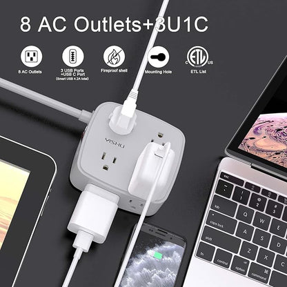 10 Ft Surge Protector Power Strip - 8 Widely Outlets with 4 USB Ports, 3 Side Outlet Extender with 10 Feet Extension Cord, Flat Plug, Wall Mount, Desk USB Charging Station, ETL, Grey