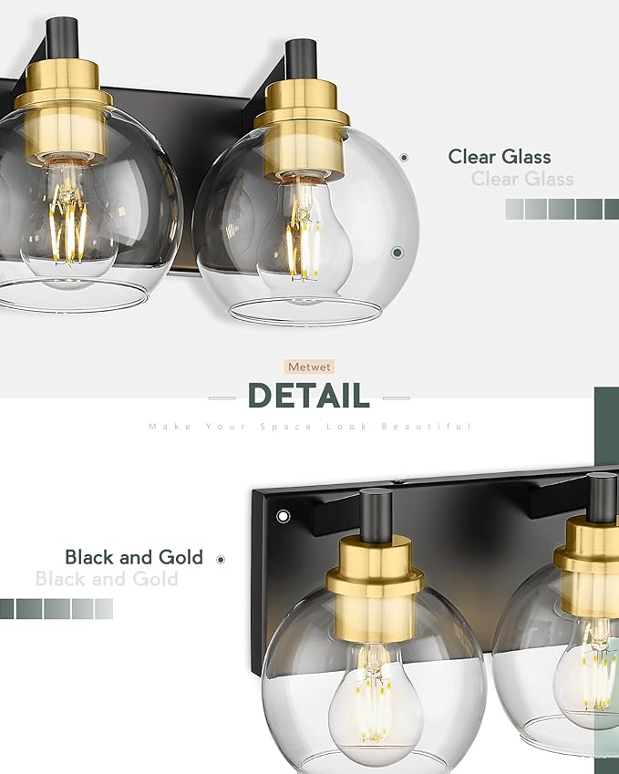 METWET Bathroom Light Fixtures, 3-Light Black and Gold Bathroom Vanity Light, Modern Wall Sconces with Globe Clear Glass Shade, Vanity Lighting Fixtures Over Mirror, VL195-KG-3