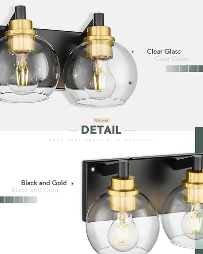 METWET Bathroom Light Fixtures, 6-Light Black and Gold Bathroom Vanity Light, 38 Inch Modern Wall Sconces with Globe Clear Glass Shade, Vanity Lighting Fixtures Over Mirror, VL195-KG-6