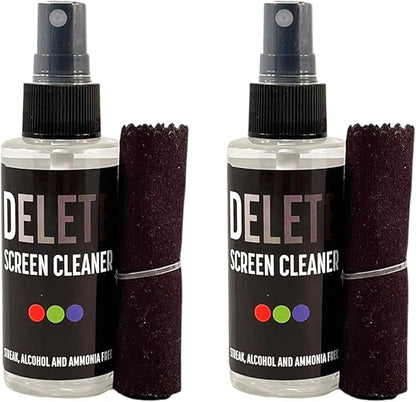 Delete Screen Cleaner Spray Kit, 2 Pack, 2oz Bottle and 2x 6"x6" Microfiber Cleaning Cloth, Streak-Free, Safe and Gentle Formula, Multi-Purpose for Travel, Small TVs, Cameras, Laptops, Phones