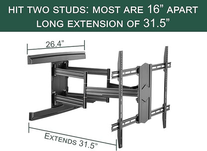 ynVISION.DESIGN Heavy Duty TV Wall Mount for 65–100” TVs, XXL Full Motion Bracket Extends 31.5”, Tilt Swivel Leveling, 154 lbs Capacity, Max VESA 800x600, Fits Flat, LED, LCD, OLED, 4K, Smart TVs