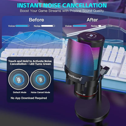 ZealSound Gaming USB Microphone,Noise Cancellation Condenser mic with RGB Light,Touch Mute,Gain,Monitoring for Streaming, Podcast, Twitch, YouTube, Discord, iPhone, iPad,PC,Computer,PS4,PS5,Mac
