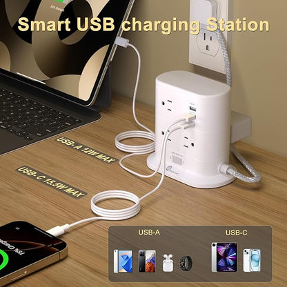 Overtop Tower Power Strip with Surge Protection, Nightlight Flat Plug Power Strip with 7 AC Outlets 3 USB Ports, 1625W/13A 1600J, 6.5Ft Extension Cord with Multiple Outlets, Office Supplies, Dorm