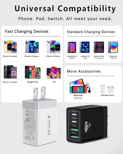 [2-Pack] USB C Wall Charger, Aiminu 40W Fast USB C Charger, 4-Port QC+PD 3.0 Power Adapter Double Fast Wall Plug Type C Charging Block for iPhone 15/14 Pro Max/13/12 mini/11/XS/XR,Tablet, Cube