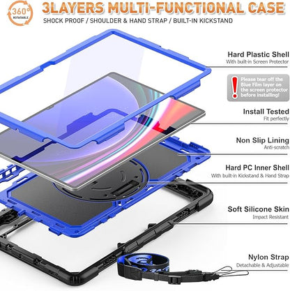 Timecity Case for Samsung Galaxy Tab S10 Ultra/ S9 Ultra/ S8 Ultra Tablet Case 14.6''- Heavy Duty Protective Cover with Screen Protector, Stand, Shoulder Strap & S Pen Holder | Kids-Friendly, Blue