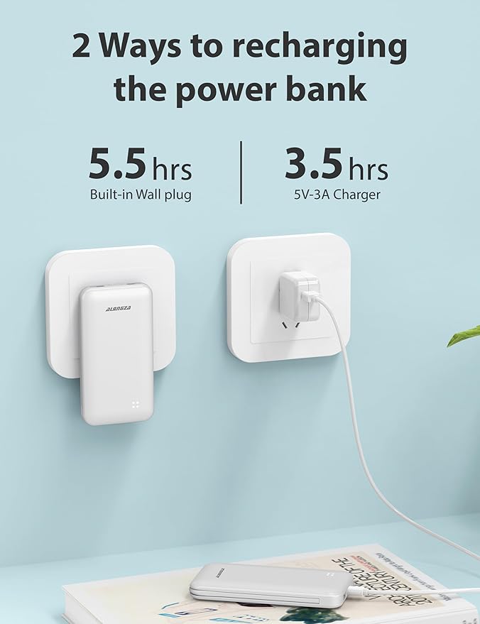 Alongza Portable Charger Built-in Cables and AC Wall Plug, Slim Fast Charging Power Bank 10000mAh, Lightweight USB C External Battery Pack Compact Travel Cell Phone Charger
