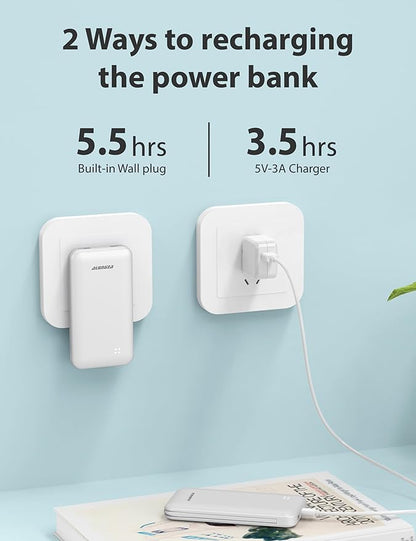 Alongza Portable Charger Built-in Cables and AC Wall Plug, Slim Fast Charging Power Bank 10000mAh, Lightweight USB C External Battery Pack Compact Travel Cell Phone Charger
