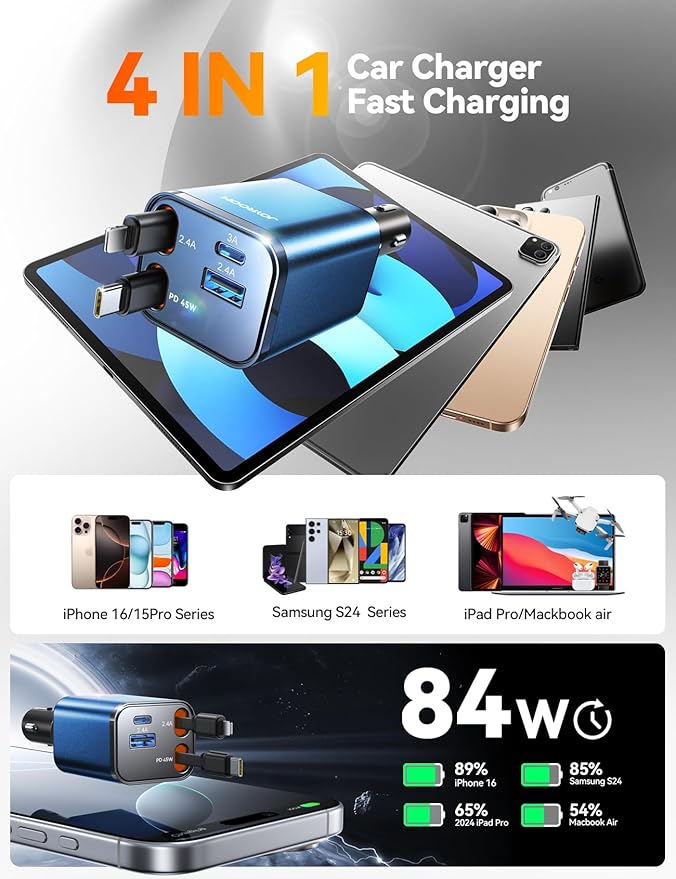 [2025 Ultra-Compact] Retractable Car Charger USB C 84W Car Accessories Adapter for iPhone 16 Fast Charging, Car Travel Essentials Gifts for Women Men, Car Phone Charger for iPhone 16e 15 Pro Max, Blue