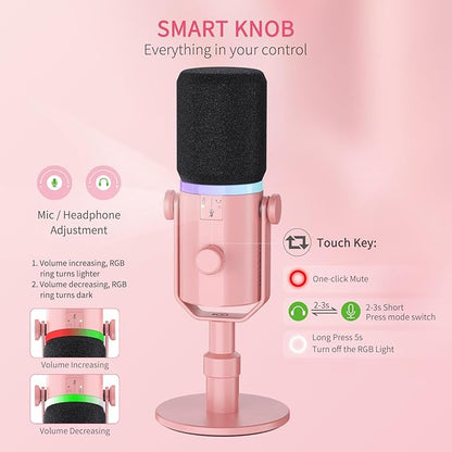 FEELWORLD PM1 XLR USB Dynamic Microphone with Desktop Stand Gifts for Podcast Recording PC Computer Gaming Streaming Vocal Voice-Over, Studio Metal Mic, RGB Light, Mute Button, Headphones Jack (Pink)