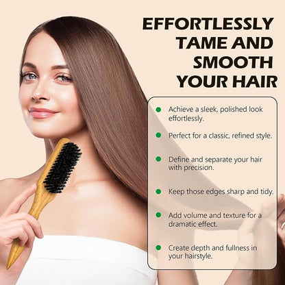 Slick Back Hair Brush & Wax Stick Set for Slick Back Hair – Teasing Boar Bristle Hair Brush for Sleek, Control, Flyaways & Baby Hairs – Wax Stick for Women Sectioning & Smoothing Ponytail Bun