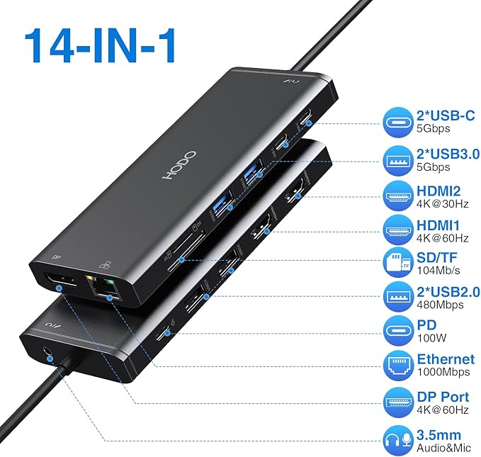 Dell HP USB C Docking Station - Dual/3 Monitor Triple Display, 2X HDMI 4K, DP, Ethernet, 6 USB, PD, SD/TF, Audio, Adapter 14 in 1 for Lenovo