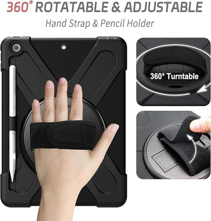 ZenRich Shockproof Case for iPad 9th/8th/7th Generation 10.2 inch 2021/2020/2019, Heavy Duty Rugged Case with Pencil Holder/360° Rotating Kickstand/Handle/Carrying Strap, Black