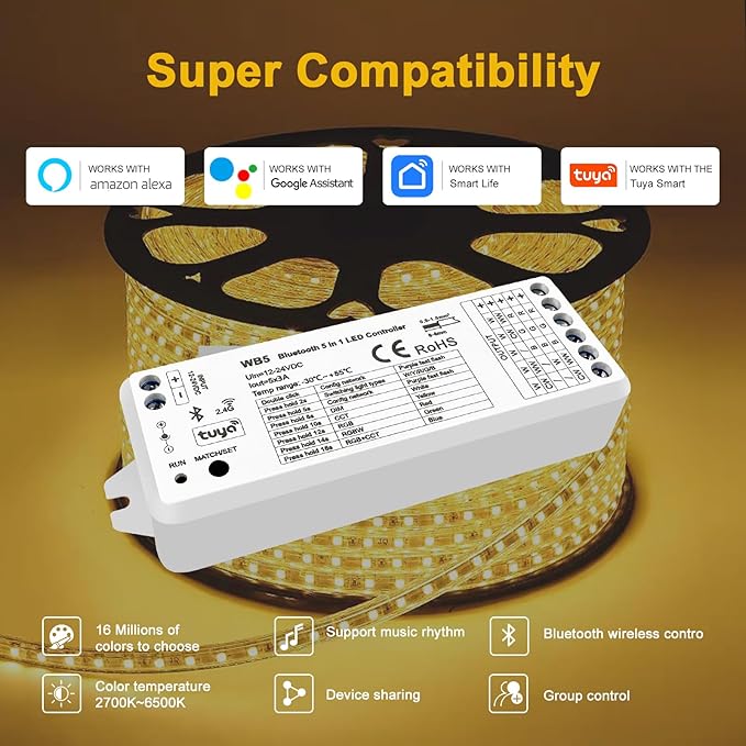 icever (2 Pack) 5in1 WB5 LED Controllers Bluetooth Control 2.4GHz Dimmable CCT RGB RGBW RGBCCT COB LED Strips - Compatible with Tuya App Echo Alexa Google Home Voice Control