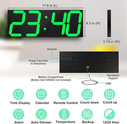 CHKOSDA LED Large Digital Wall Clock, Oversize Wall Clock with 6” Numbers, Remote Control Count up/Countdown Timer Clock, Auto Dimmer, Big Calendar and Thermometer(Green)