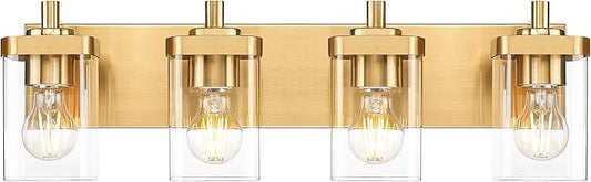 METWET Bathroom Light Fixtures, 25" Brushed Gold Vanity Light, 4-Light Modern Wall Sconces with Square Clear Glass Shade, Vanity Lighting Fixtures Over Mirror, VL194-BG-4