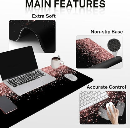 Britimes Rose Gold Pink Keyboard Mouse Pad Set Black Golden 4in1 Large Mousepad+Keyboard Wrist Rest+Mouse Wrist Rest+Coaster Ergonomic Design for Home Office Computer 35.4x15.7 inches