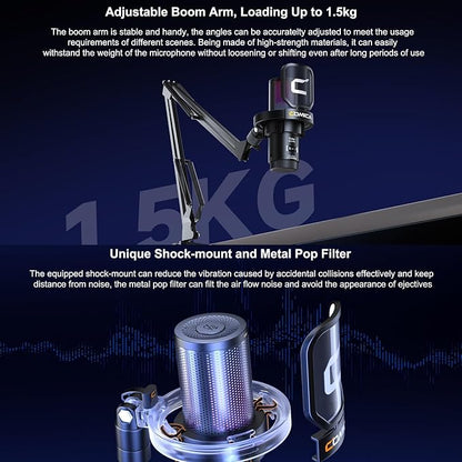 COMICA USB Microphone for Computer and Smartphone,48kHz/24bit RGB Cardioid Condenser Gaming Mic for Podcasting,Streaming,Recording,Music Creation,with Boom Arm Stand-Black(EJoy Uni A)