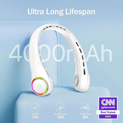 GULAKI Portable Neck Fan, Personal Fan with 4000mAh Battery, Rechargeable Neck Fan with 3 Speeds and 64 Cool Lights, Birthday Gifts for Men Women Mom Dad, Hands Free Cooling fan for Summer(White)