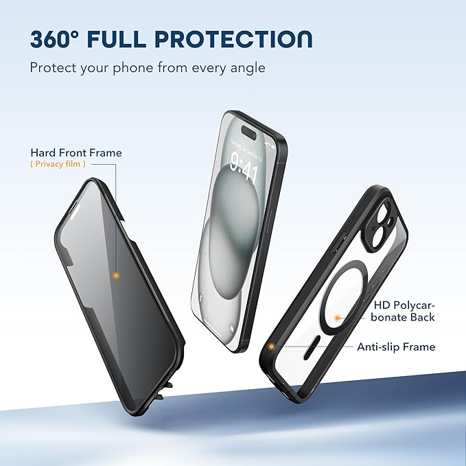 Magnetic for iPhone 15 Plus Case, Compatible with MagSafe, Built-in Privacy Screen Protector and Camera Protection, Anti Spy Full Body Dustproof Shockproof Hard Phone Case 6.7", Black