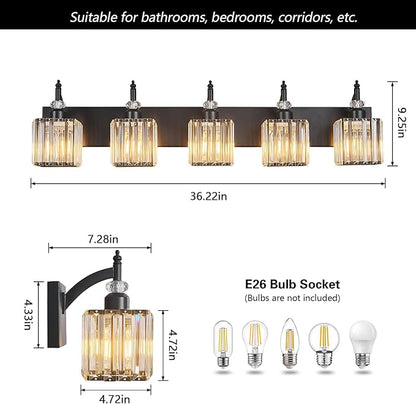 BBLLWJ Crystal Vanity Lights - Black 5 Light Modern Bathroom Vanity Light Fixtures Over Mirror