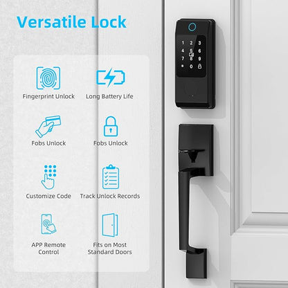 Miuedo WiFi Front Door Lock Sets with Handle, Fingerprint Keyless Entry and Smart Keypad with Lever Handles, Electronic Screen+WiFi Gateway, APP Control, Auto-Lock, Voice Control
