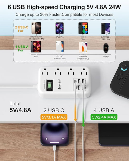 Beeiker 6 USB(2 USB C) Surge Protector Power Strip- 10 Ft Extension Cord with 24W USB Charging Station and 4 Outlets, Long Flat Extension Cord with Multiple Outlets for Travel Home Office Dorm White