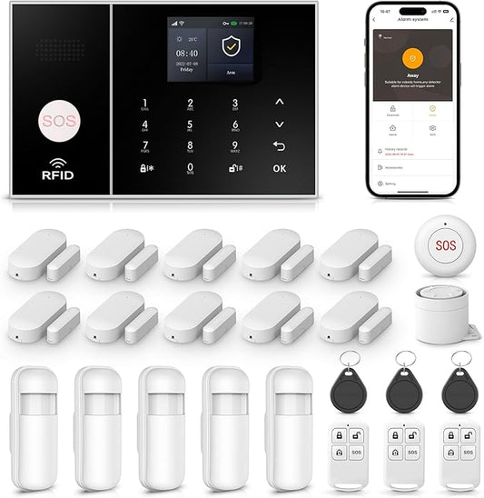 LWOHSI A108F Alarm System for Home Security,WiFi+GSM 4G DIY Alarm Kit with Phone APP Alert, Door/Window Sensor, Remote, Compatible with Alexa and Google for House, Apartment