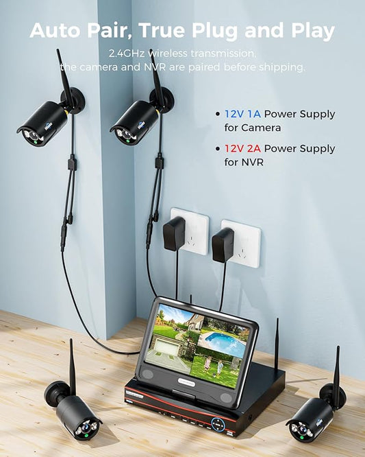 Hiseeu [16CH Expandable] 2.4G/5G Wireless Pro Security Camera System, 10.1" LCD 8MP Monitor, Wired Plug-in Powered 4Pcs 5MP Outdoor Indoor Cameras, One-Way Audio, Waterproof, Motion Detection, 1TB HDD