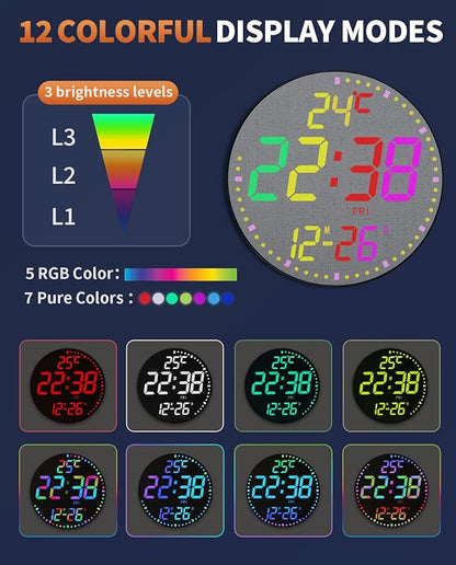 GLOKUUCA 12" Large Digital Wall Mount Clock, Count Down Timer, Alarm, Big LED, 12 RGB Color, Temperature for Living Room Classroom Desk, Xmas, Birthday Gift for Senior Mom (Fabric Elements)