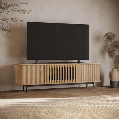 POVISON Fully-Assembled Mid Century Modern TV Stand for 70 inch TV, Sliding Door Entertainment Center with Storage, Wood TV Console, Media Console for Living Room Bedroom(Oak, 70.87")