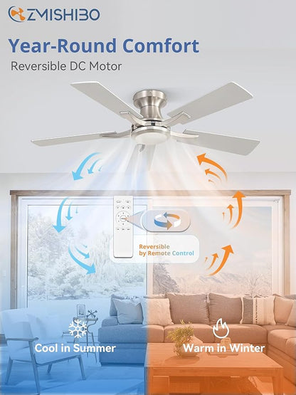 ZMISHIBO 42 Inch Ceiling Fan No Light, Flush Mount Low Profile, Modern Nickel Ceiling Fan Without Light, Remote Control & Quiet DC Motor, for Indoor&Outdoor, Bedroom, Living Room