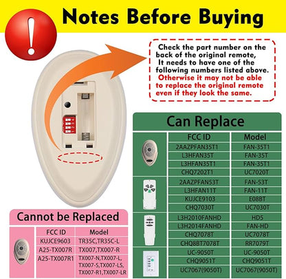 35T Ceiling Fan Remote Control Replacement for Hampton Bay Hunter FAN-53T Remote Replace FAN-11T FAN-53T Fan-HD L3HFAN35T FAN-35T L3HFAN35T1 FAN-35T1