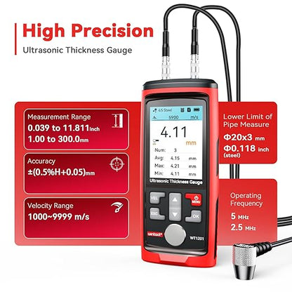 Wintact Digital Ultrasonic Thickness Gauge, Range 0.039 to 11.81 in with Probe for Measuring Metal and Nonmetal Materials, Steel, Cylinder Wall, Plastic, Glass, PVC, Pipes (WT1201)