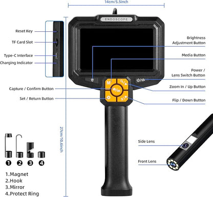 5" Dual-View Handle Endoscope Camera,2MP Front&Side Lens,IP67 Waterproof 5M Semi-Rigid Cable,360° Probe Control,4-Level LED,3X Zoom,Video&Photo Recording,Inspection Camera for Industrial Use,32GB Card