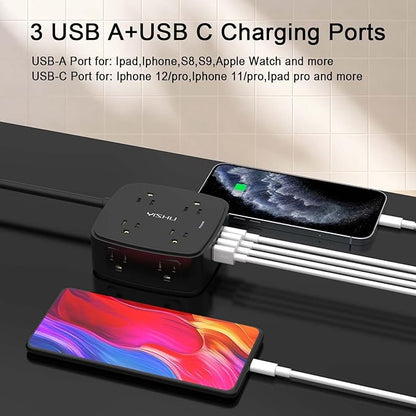 6 Ft Surge Protector Power Strip - 8 Widely Outlets with 4 USB Ports, 3 Side Outlet Extender with 6 Feet Extension Cord, Flat Plug, Wall Mount, Desk USB Charging Station, ETL,Black