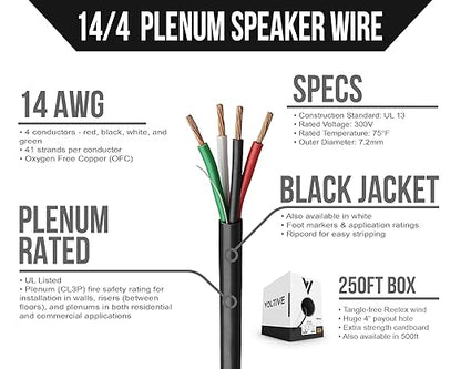 Voltive 14/4 Speaker Wire, Plenum CL3P, Black, 250ft - 14AWG, 4 Conductors, Stranded Oxygen-Free Copper, UL Listed - V-1216-1