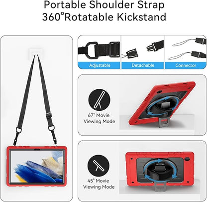 for Samsung Galaxy Tablet A8 Case 10.5 inch 2022 SM-X200/X205/X207 with Screen Protector [360 Rotating Stand] &Hand Shoulder Strap Shockproof Rugged Protective Cover|Red&Black