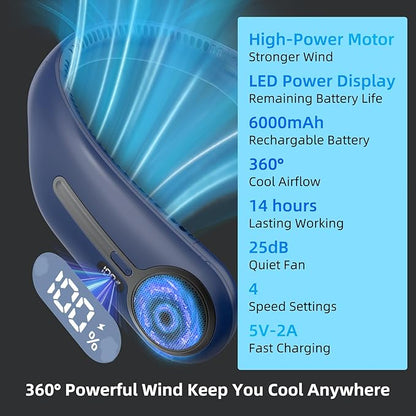 Portable Neck Fan,Hands Free Personal Wearable Bladeless Fan,6000mAh USB Rechargeable,360° Cooling,LED Display,4-Speeds,Birthday Gifts for Men Women Dad Mom,Valentines Day Gifts for Her Him (Blue)