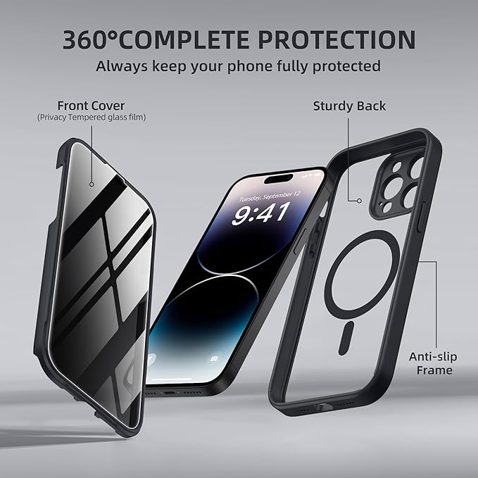 BERFY Magnetic for iPhone 14 Pro Max Case, Compatible with MagSafe, Built-in Privacy Screen Protector and Upgraded Camera Protection, Anti-Spy Full Body Shockproof Phone Case for 14 Pro Max 6.7",Black