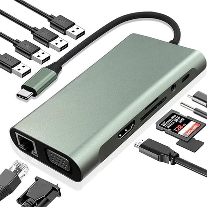 Vrebrey USB C Hub 11-in-1 Docking Station, Type-C Multiport Adapter with 4K HDMI, VGA, 100W PD, USB 3.0, RJ45 Ethernet, SD/TF Card Reader, AUX, Compatible with MacBook Pro/Air, Chromebook, Laptops