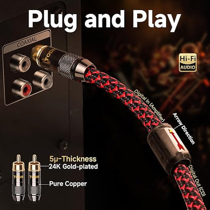 TODN Audiophile Digital Coaxial Cable OFC Core HiFi SPDIF Coax Audio Cable 75-Ohm RCA Male to Male for Subwoofer, TV, Apm (4.9ft /1.5m)