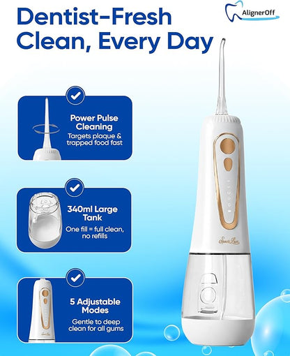 Aligner Off Sparklux Jet Water Flosser - Cordless & Rechargeable, Waterproof Design, Ideal for Teeth, Braces & Gum Care, Sleek White Finish with Rose-Gold Trim - FSA Eligible