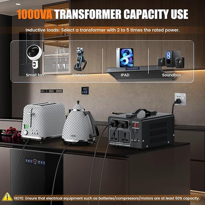 1000W Voltage Converter Transformer Step Up 110V/120V to220V/240V or Step Down 220V to 110V AC Power Converte, Circuit Breaker Protection, 2 US sockets, 2 Universal sockets, LCD Display